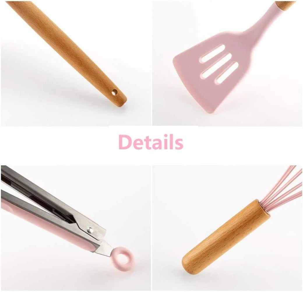Homezem Silicone Kitchen Spoon Utensil Set, 11 Piece (Pink)