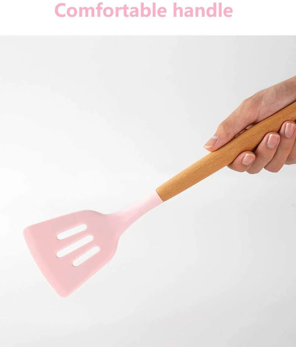 Homezem Silicone Kitchen Spoon Utensil Set, 11 Piece (Pink)