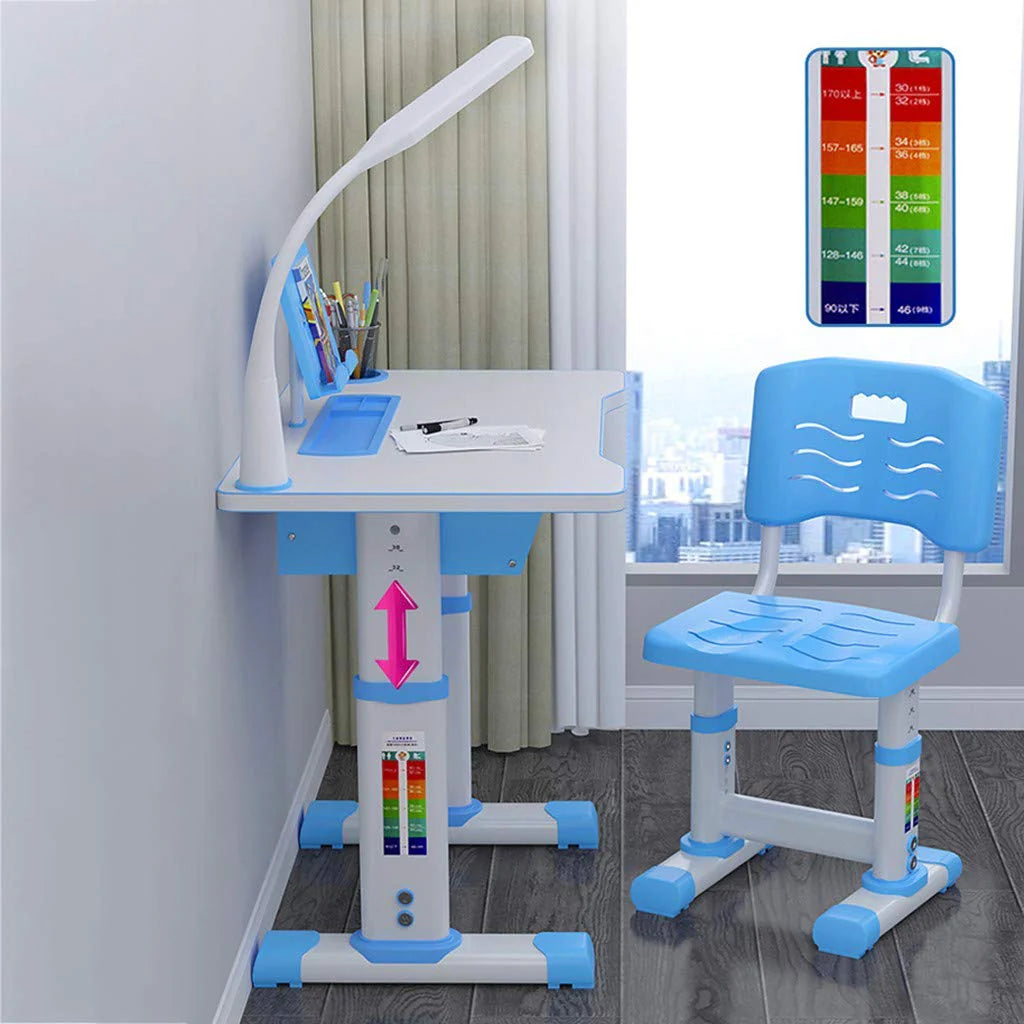 Homezem Kids Height Adjustable Desk and Chair Set Study Table Writing Desk with Eye Protection Lamp Bookshelf (80CM DeskSet Blue)