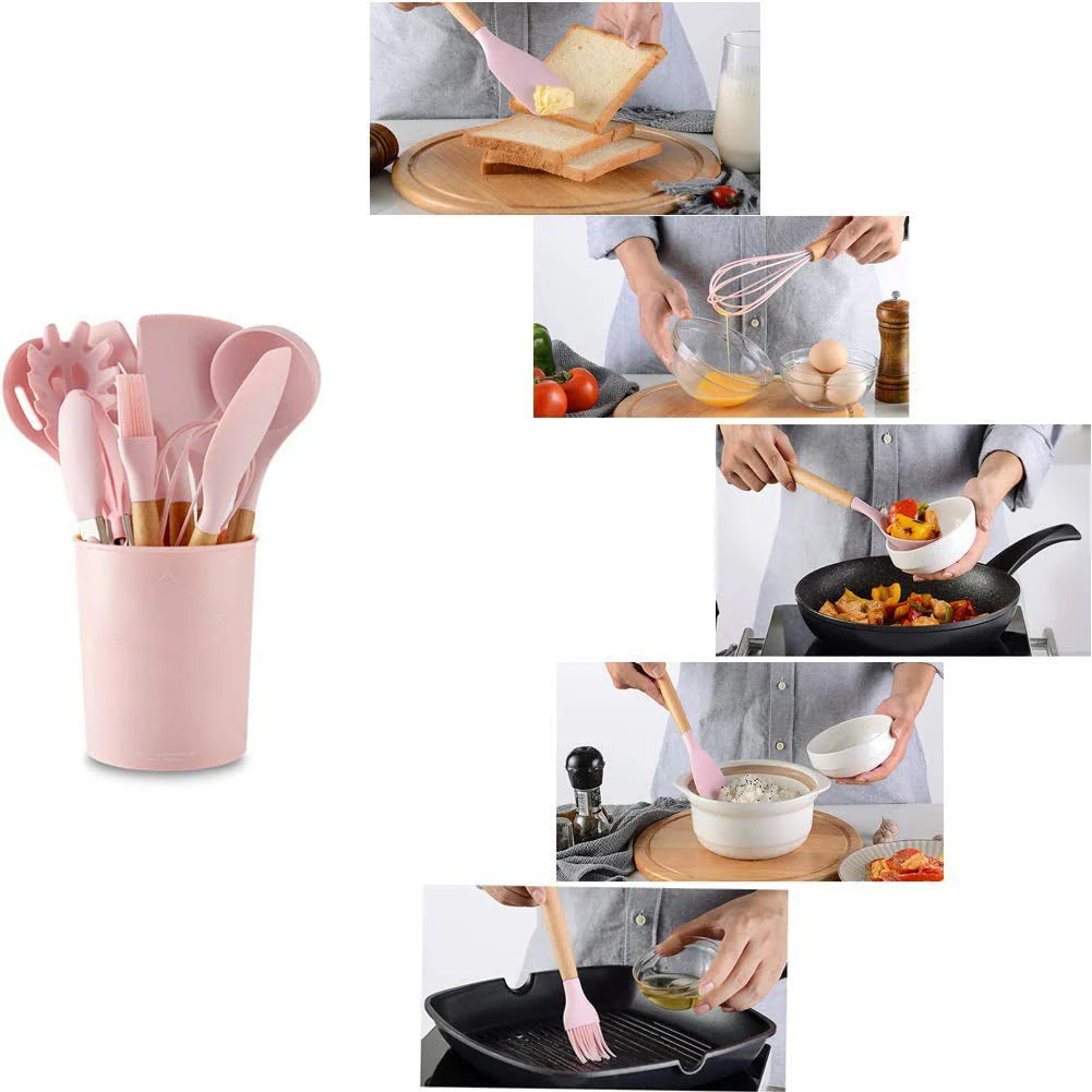 Homezem Silicone Kitchen Spoon Utensil Set, 11 Piece (Pink)