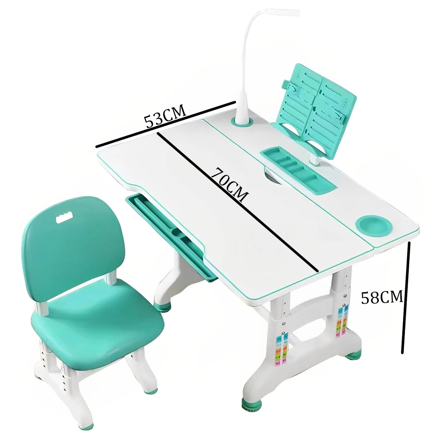 Homezem Kids Height Adjustable Desk and Chair Set Study Table Writing Desk with Eye Protection Lamp (70CM / Fruit Green Luxury)