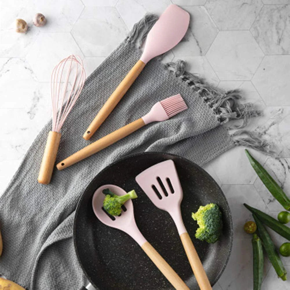 Homezem Silicone Kitchen Spoon Utensil Set, 11 Piece (Pink)