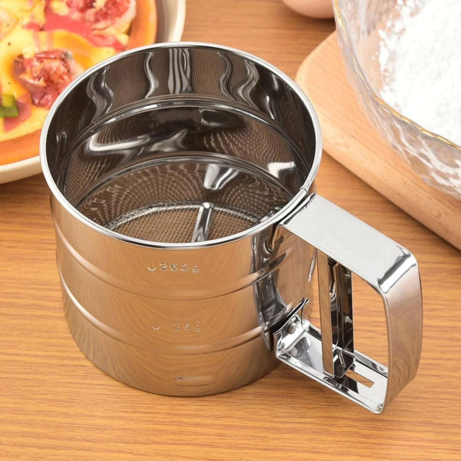 Homezem Baking Stainless Steel Shaker Sieve Cup Manual Flour Sifter with Measuring Scale Mark for Flour Icing Sugar