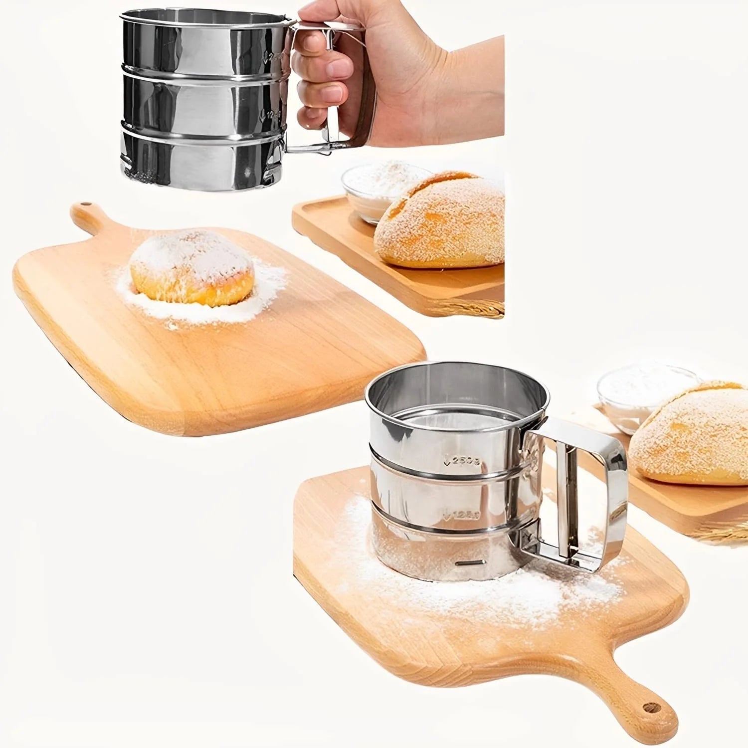 Homezem Baking Stainless Steel Shaker Sieve Cup Manual Flour Sifter with Measuring Scale Mark for Flour Icing Sugar