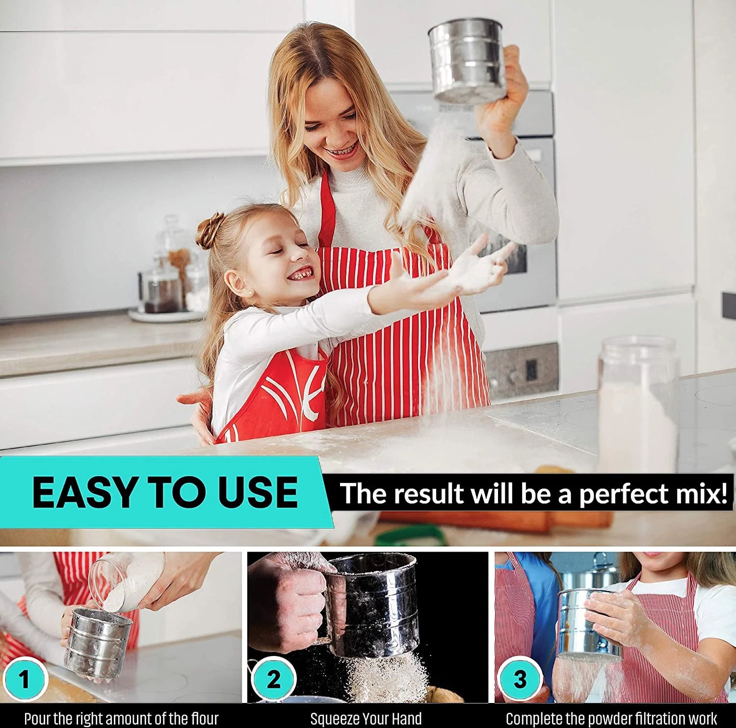 Homezem Baking Stainless Steel Shaker Sieve Cup Manual Flour Sifter with Measuring Scale Mark for Flour Icing Sugar
