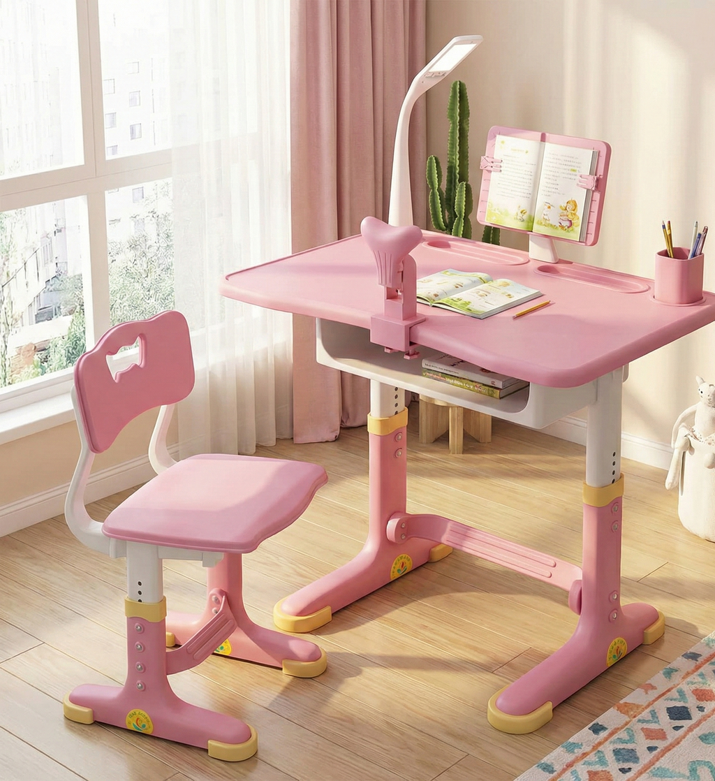 Homezem Kids Height Adjustable Desk And Chair Set Study Table Writing Desk With Eye Protection Lamp Bookshelf (Polished, 70Cm Upgraded Pink)