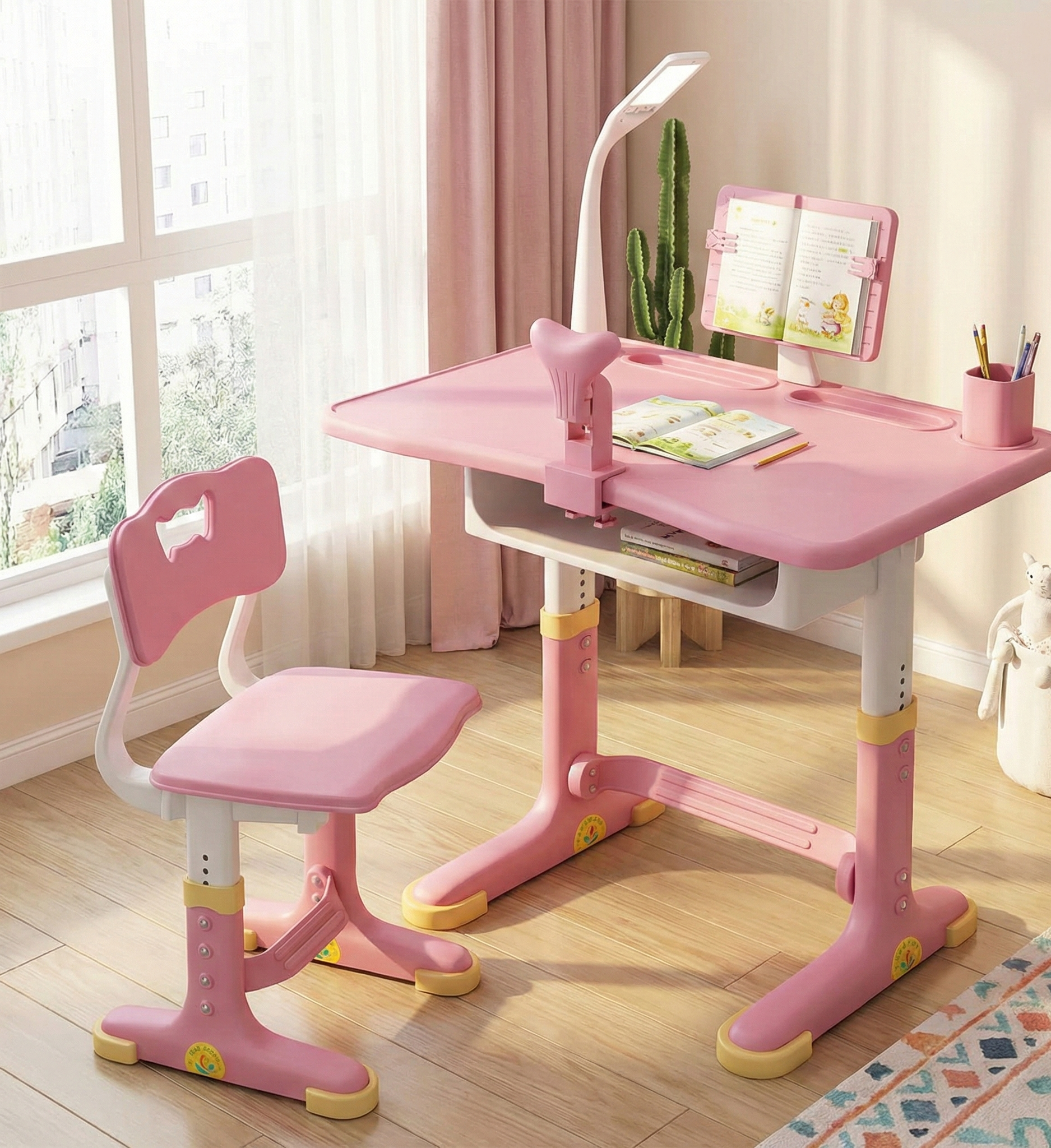 Homezem Kids Height Adjustable Desk And Chair Set Study Table Writing Desk With Eye Protection Lamp Bookshelf (Polished, 70Cm Upgraded Pink)