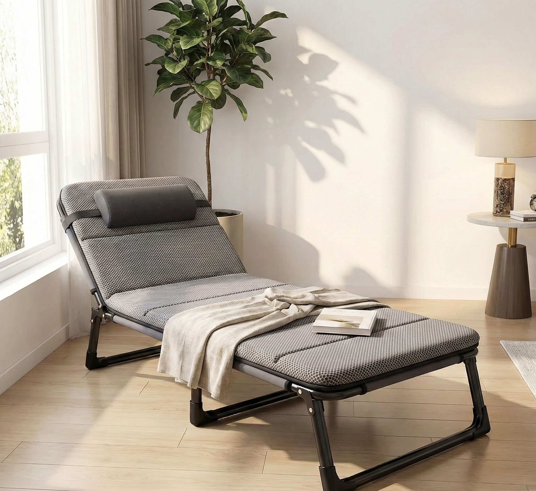 Homezem Folding Bed Single Bed Portable Travel Camp Cots Recliner Office Lunch Break Bed with 56 Round Tube - Gray