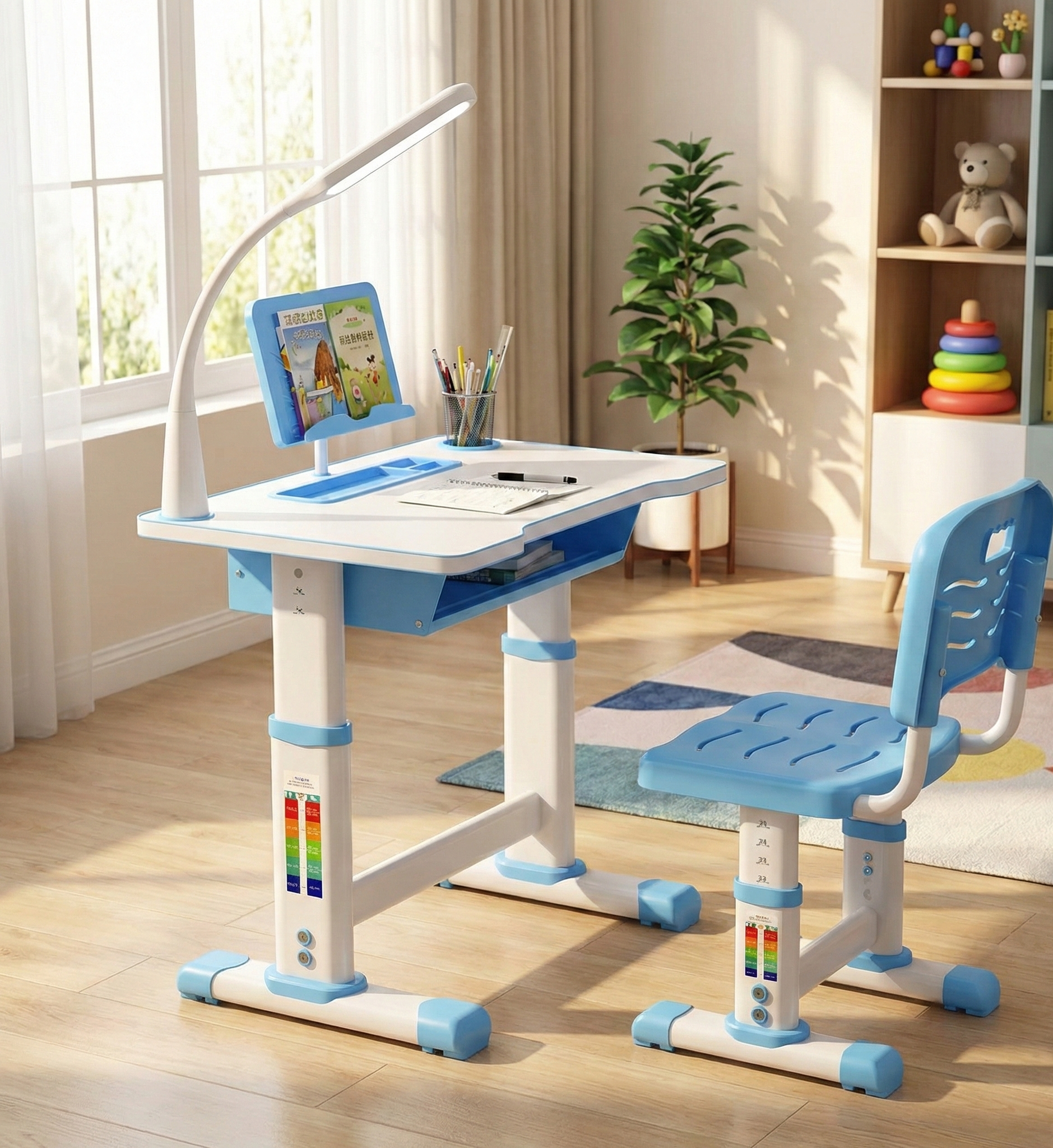 Homezem Kids Height Adjustable Desk and Chair Set Study Table Writing Desk with Eye Protection Lamp Bookshelf (80CM DeskSet Blue)