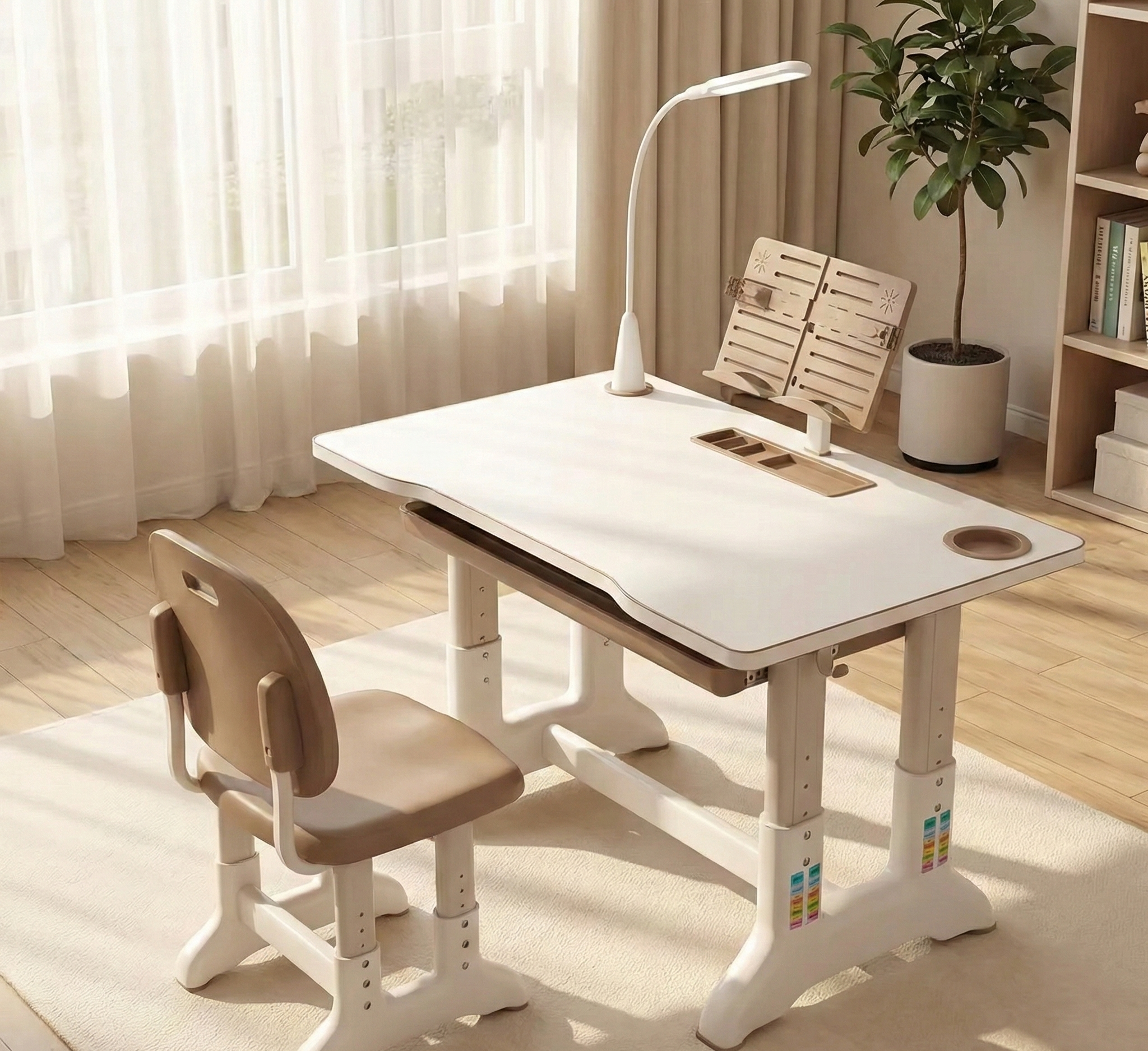 Homezem Kids Height Adjustable Desk and Chair Set Study Table Writing Desk with Eye Protection Lamp (70CM / Fruit Green Luxury)