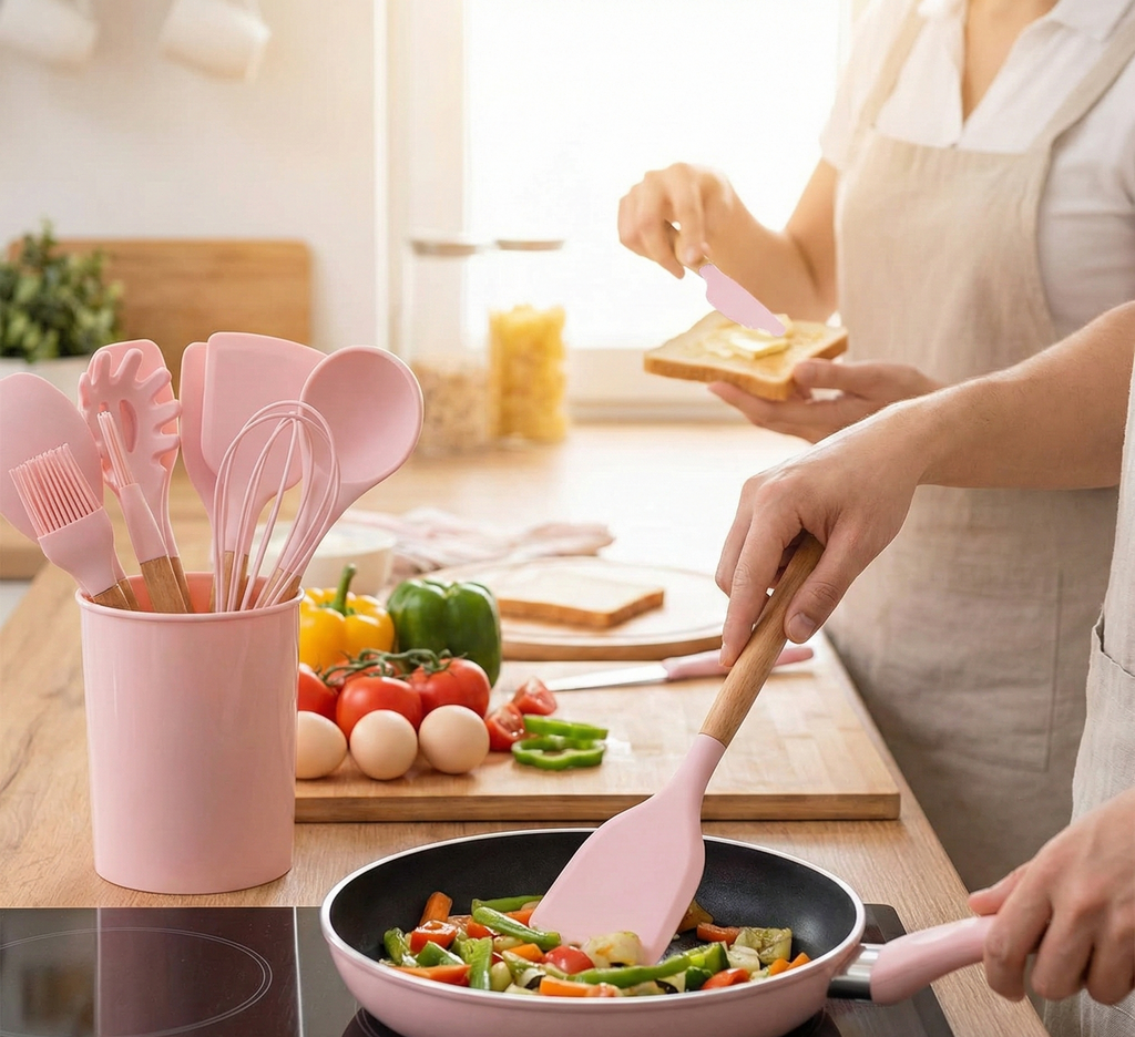 Homezem Silicone Kitchen Spoon Utensil Set, 11 Piece (Pink)